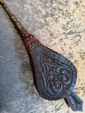 Antique Carved Wooden Studded Fire Bellows, Brass Nozzle Motto