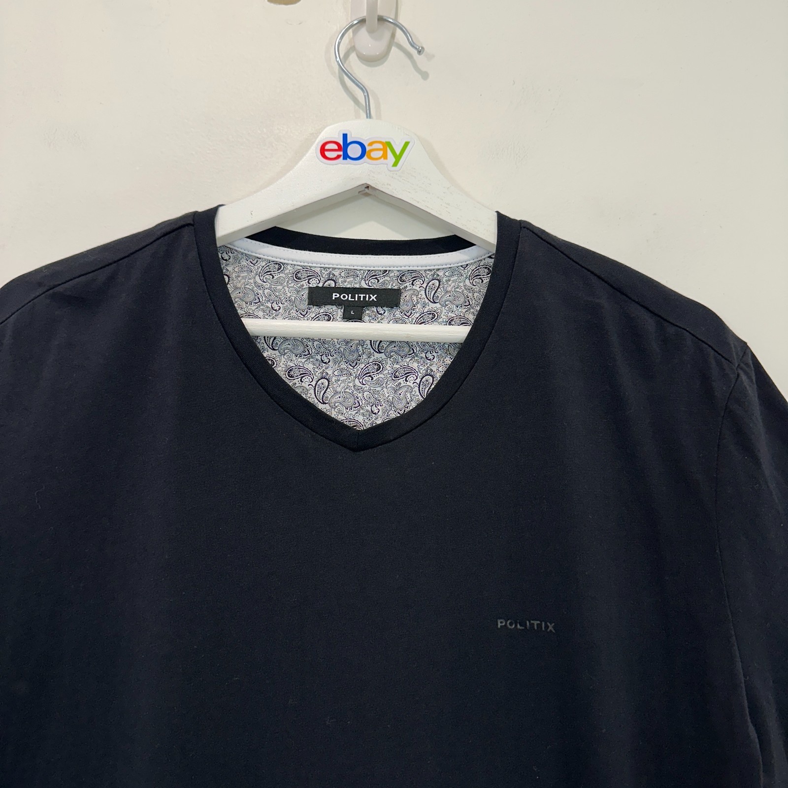 Politix T Shirt Men L Slim Fit Black V Neck Cotton Lomaso Stretch image 4