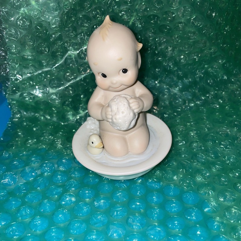 Vintage Kewpie Angel Figurine Rose O'Neil Enesco Bisque Taking Bath With Duck