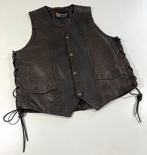 Men's Xelement Motorcycle Biker Leather Vest Embossed USA Eagle Side Laces Sz L - Picture 7 of 13