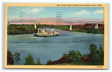 Postcard Lorain Central High Level Bridge Ohio Linen Posted Ship Black River
