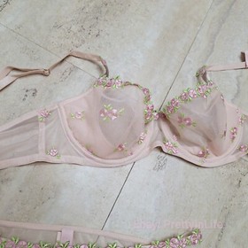 Victoria's Secret Dream Angels unlined bra set embroidery pink rose bud sheer