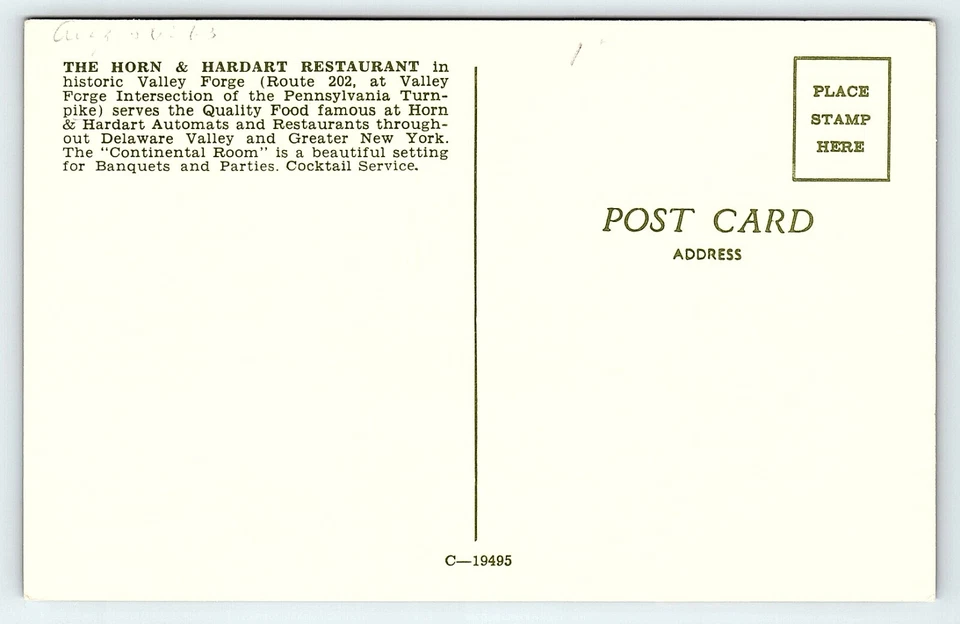 1950s VALLEY FORGE PA THE HORN & HARDART RESTAURANT RT-202 2-VIEW POSTCARD P2997 - Image 2 of 2
