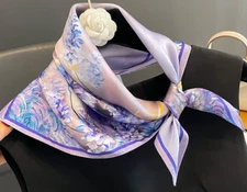 100% Silk 20" small square Scarf Women neckerchief Wrap floral purple blue WY224