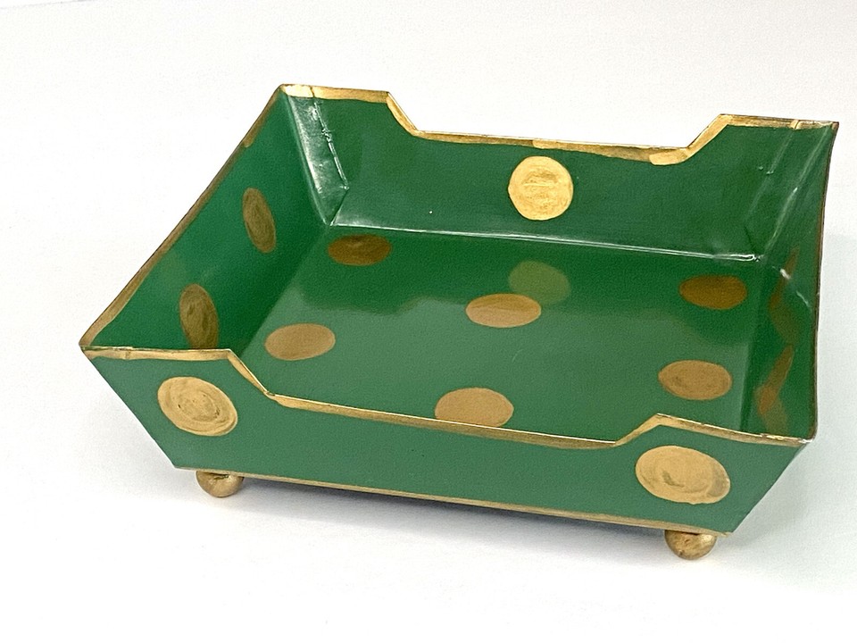 Jayes Metal Cocktail Napkin Holder Hand Painted Footed Tray Dish Gold