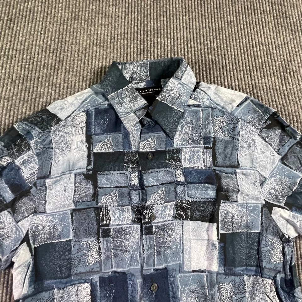 Crazy Horse Shirt Mens S Blue Rayon Button Up Short Sleeve Abstract Retro Y2K - Image 4 of 4
