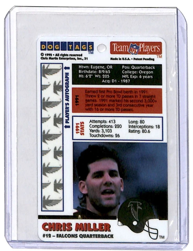 1992 Dog Tags Chris Miller Atlanta Falcons #31 - Image 2 of 2