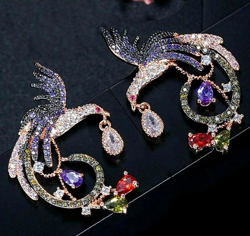 Pendientes de oro rosa de 18 K GP cristal de circón Swarovski multicolor FÉNIX joya pájaro - Imagen 3 de 11
