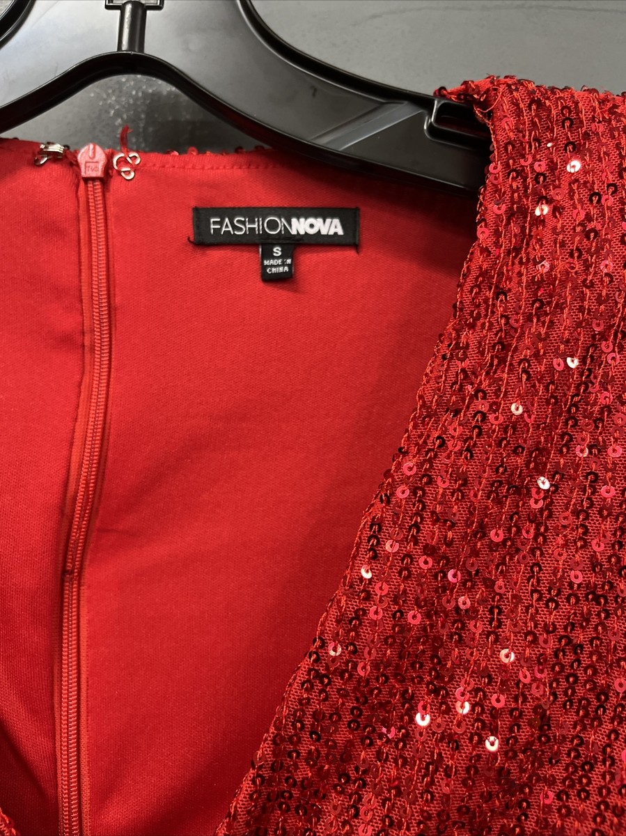 Fashion Nova Red Sequence Long Sleeve Dress with Shoulder Pads Size S | eBay