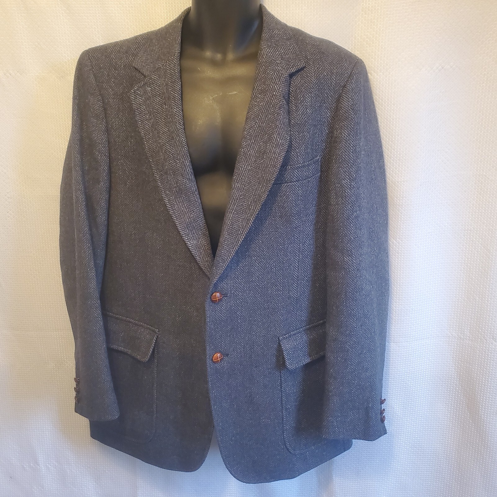 Siviglia Fila Uomo 100% Lana Blu Navy Cheveron Tweed 42L Bottoni Finto Legno