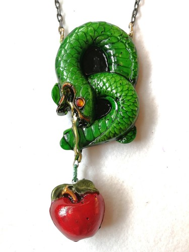 Collana Donna Gioiello Art Deco Nouveau Pendente Lungo Serpente Verde Mela Rossa - Foto 15 di 24