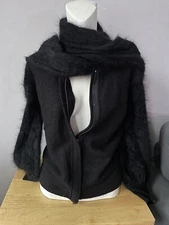 Diane Von Furstenberg Tie Neck Black Angora Fuzzy Crop Cardigan Jacket
