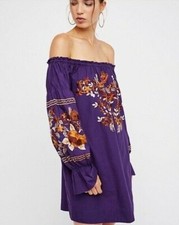 Free People Fleur Du Jour Dress XS Purple Embroidered Floral Off The Shoulder