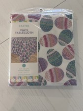 NIP Easter Vinyl Tablecloth Pastel Easter Eggs Round Table 60" White Multi Color