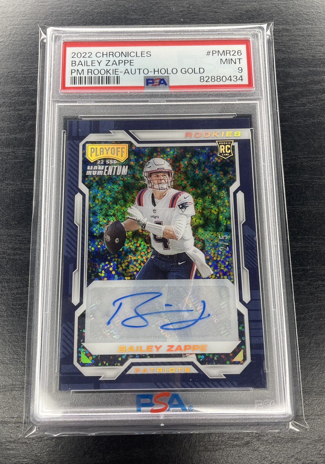 Bailey Zappe Panini Chronicles Playoff Momentum Rookies #PMR26 Holo Gold