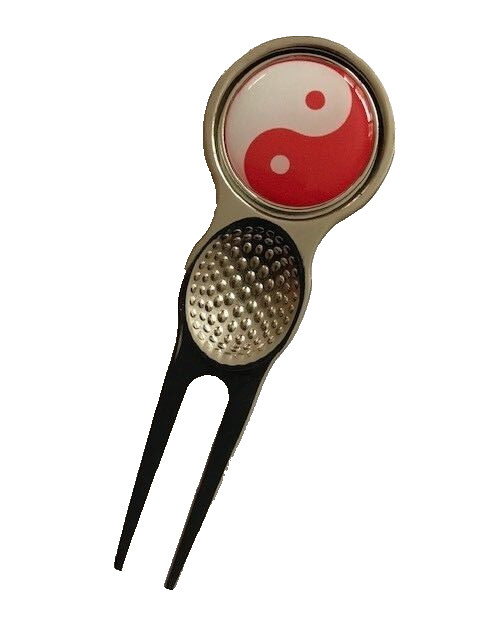 RED YING YANG DIVOT TOOL. REMOVABLE CRESTED GOLF BALL MARKER.
