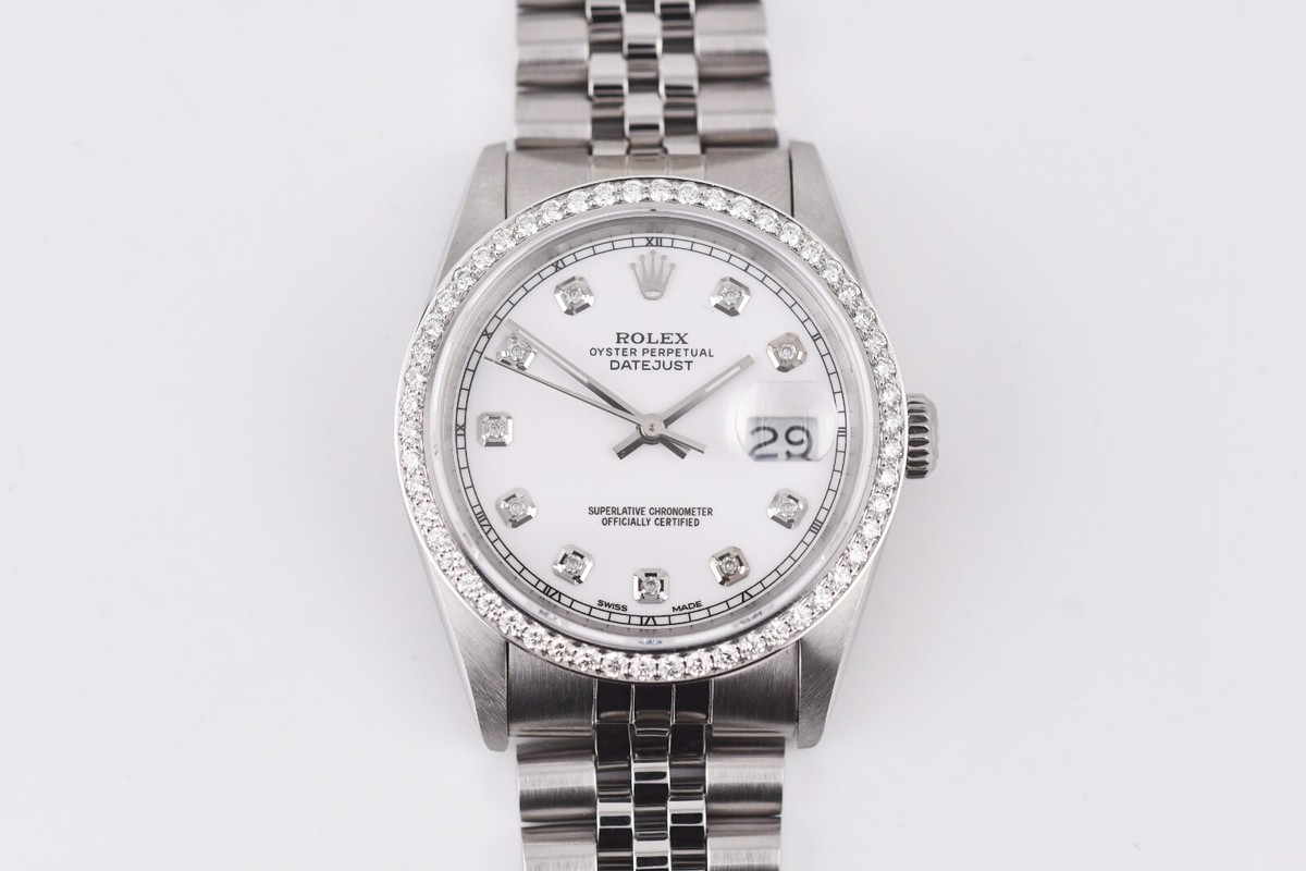 Rolex Datejust 16234 White Gold Diamond Bezel Custom White Dial