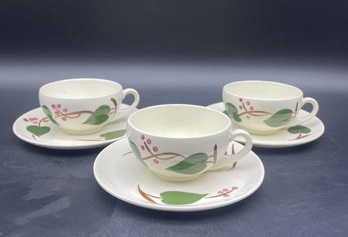 VTG Blue Ridge Southern Pottery Stanhome Ivy Leaves Berries 3 Cups & 4 Saucers - Picture 2 of 9