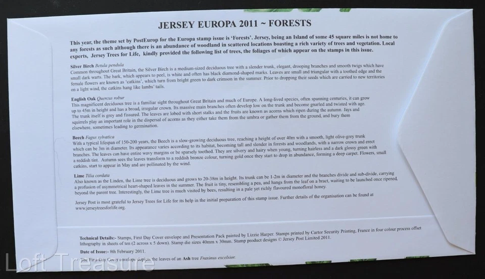 Estampillas de Jersey: "Europa CEPT - Árboles" Primer Día Cubierta 6 Valores Set 2011 Foto 3 de 3