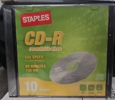 Staples CD-R 80 Minute Recording 700MB 52x Speed 10 Disc Pack Blank Sealed