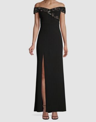 $396 Aidan Mattox Women's Black Off-The-Shoulder Embellished Dress Gown  Size