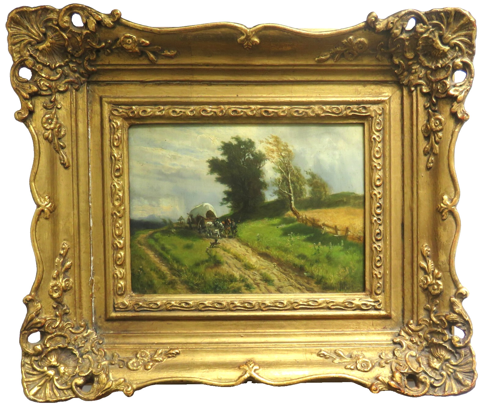 Konrad Reinherz (1835-1892) Ölbild - Pferdefuhrwerk/ Planwagen - signiert