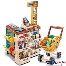 Supermarket Play Set W/ Shopping Cart Cash Register Grocery Toys Kids 3 Trolley