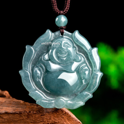 Natural Grade A Jade Jadeite Blue Water Ice Species Heart Buddha Lucky Pendant
