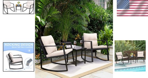 Lightweight Rocking Wicker Bistro Set with cushions - Effortless Outdoor Comfort - Picture 2 of 9