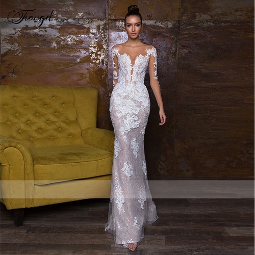 Long Sleeve Lace Mermaid Wedding Dresses Applique Sequins Detachable Train - Picture 3 of 10