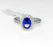 Created Sapphire and Cubic Zirconia Scalloped Halo Sterling Silver Ring Size 7