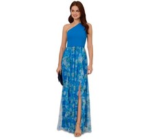 Adrianna Papell Women's Blue Sweetpea Mixed-Media One-Shoulder Dress Size 10