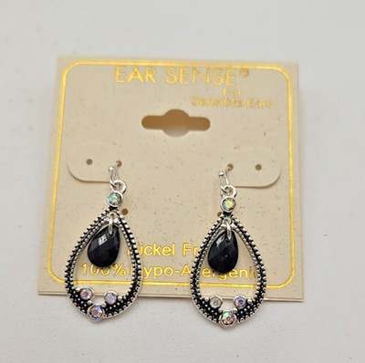 Ear Sense Silver Tone Tear Drop Black AB Stone Hypo-Allergenic Nickel Free Hook