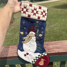 Christmas Stocking 3-D Puffy Snowman Christmas Scene Blue Back Checked Pattern
