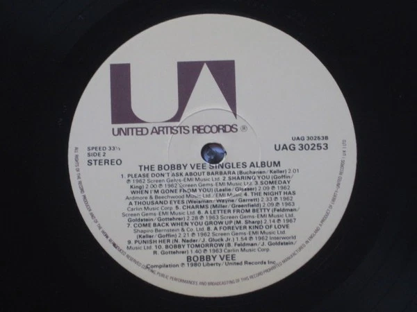 Bobby Vee - The Bobby Vee Singles Album LP 1980 United Artists NM/VG+ - Image 4 of 4