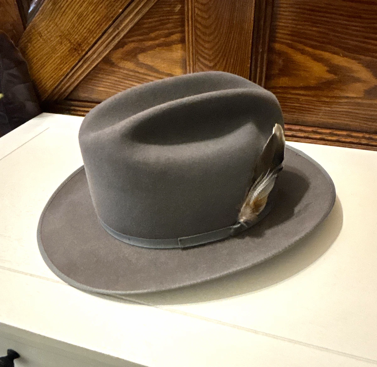 Sombrero Fedora de fieltro de piel gris Adam para hombre ala ancha liso con pluma, talla única