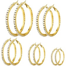 Kigeli 5 Pairs Large Crystal Hoop Earrings Set Big Shiny 3-7 cm Round Golden