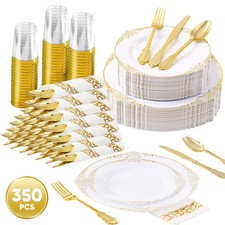 350 Pcs Gold Plastic Dinnerware Set for 50 Guests, Disposable Dinnerw