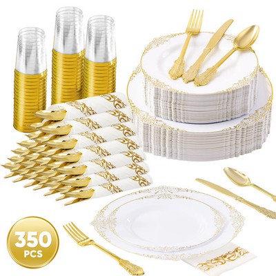 350 Pcs Gold Plastic Dinnerware Set for 50 Guests,  Disposable Dinnerw