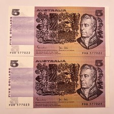 2x 1983 (R208) $5 Five Dollar Consecutive Notes - aUnc - Johnston / Stone Aus