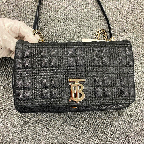 Burberry Black Quilted TB Logo Shoulder Bag Chain Strap Silver Hardware Small