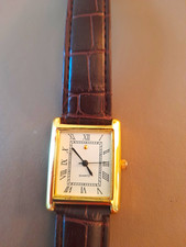 Ladies Quartz Analogue Rectangular Gold Watch White Roman Dial Brown Leather