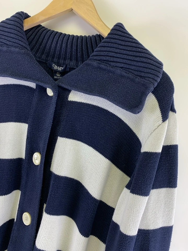 Chaps开衫毛衣纽扣领海军蓝白色条纹棉质女式2X — 第 4/4 张图片