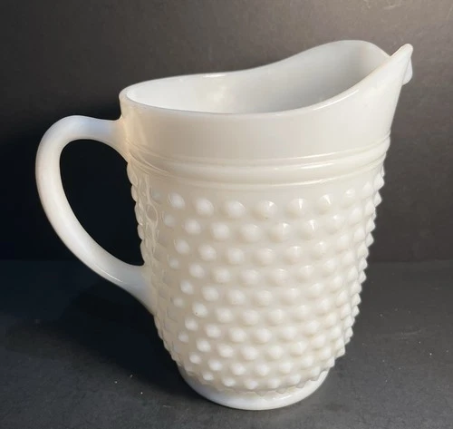 Vtg White Large Fenton Hobnail Milk Glass Pitcher 8” Tall Farmhouse beverage MCM