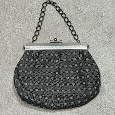 Vintage Evening Bag Clutch Purse Black Silver Kiss Lock Chain Handle