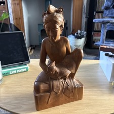 Vintage 1940s Balinese by A A Fatimah Carved Wood Figure Boy With Chicken