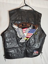 Diamond Plate Buffalo Leather Black Motorcycle Vest Patch Flag Eagle size XL