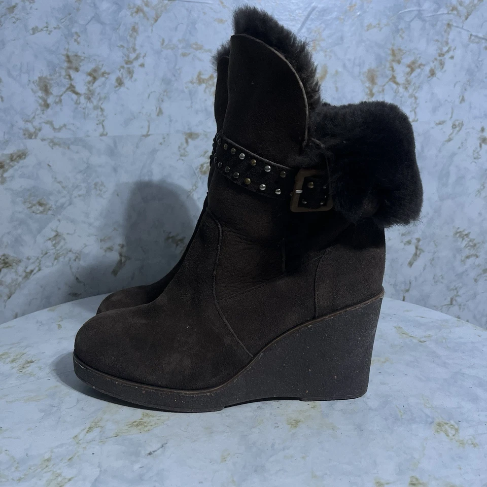 EWU Mujer Talla 10 Zapatos Marrón Gamuza Cómodo Piel Forrado Cuña Botines Foto 4 de 4