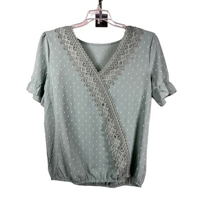 Womens Short Sleeve V Neck Crochet Trim Blouse Top Mint Green Polka Dot