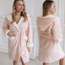 Women's Pink Coral Fleece Hooded Bathrobe Warm Winter Kimono Robe Sleepwear